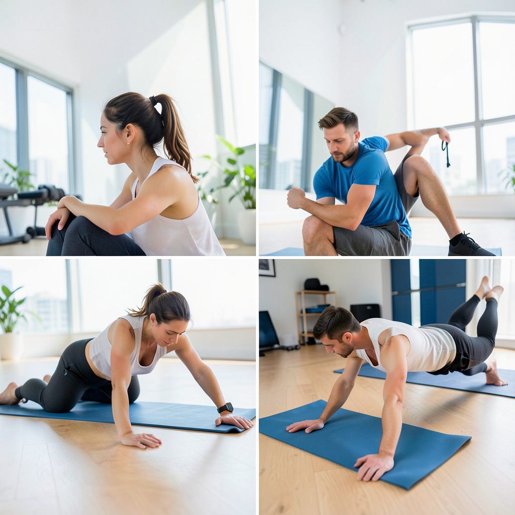 A bright morning scene with someone stretching outdoors, soft golden sunlight and fresh green surroundings