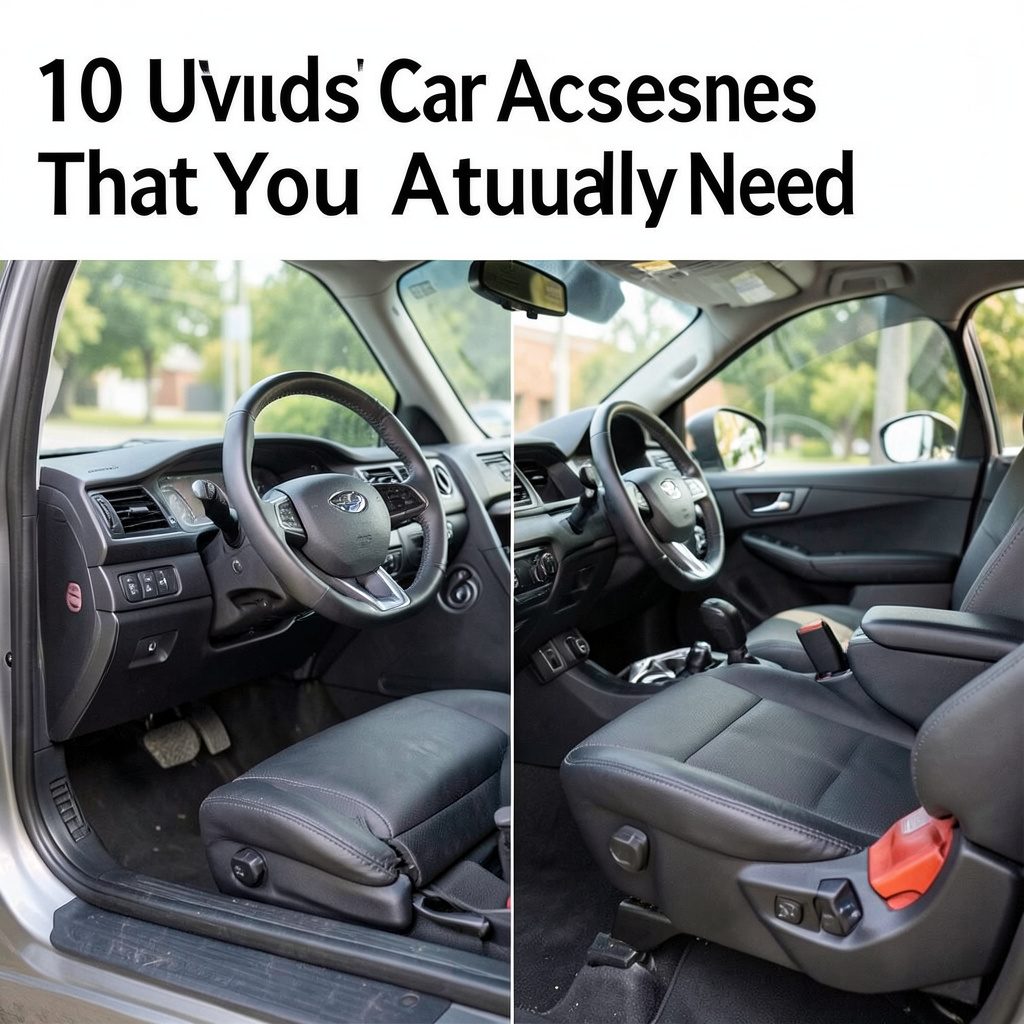 A neatly organized car interior with practical accessories, clean and modern aesthetic