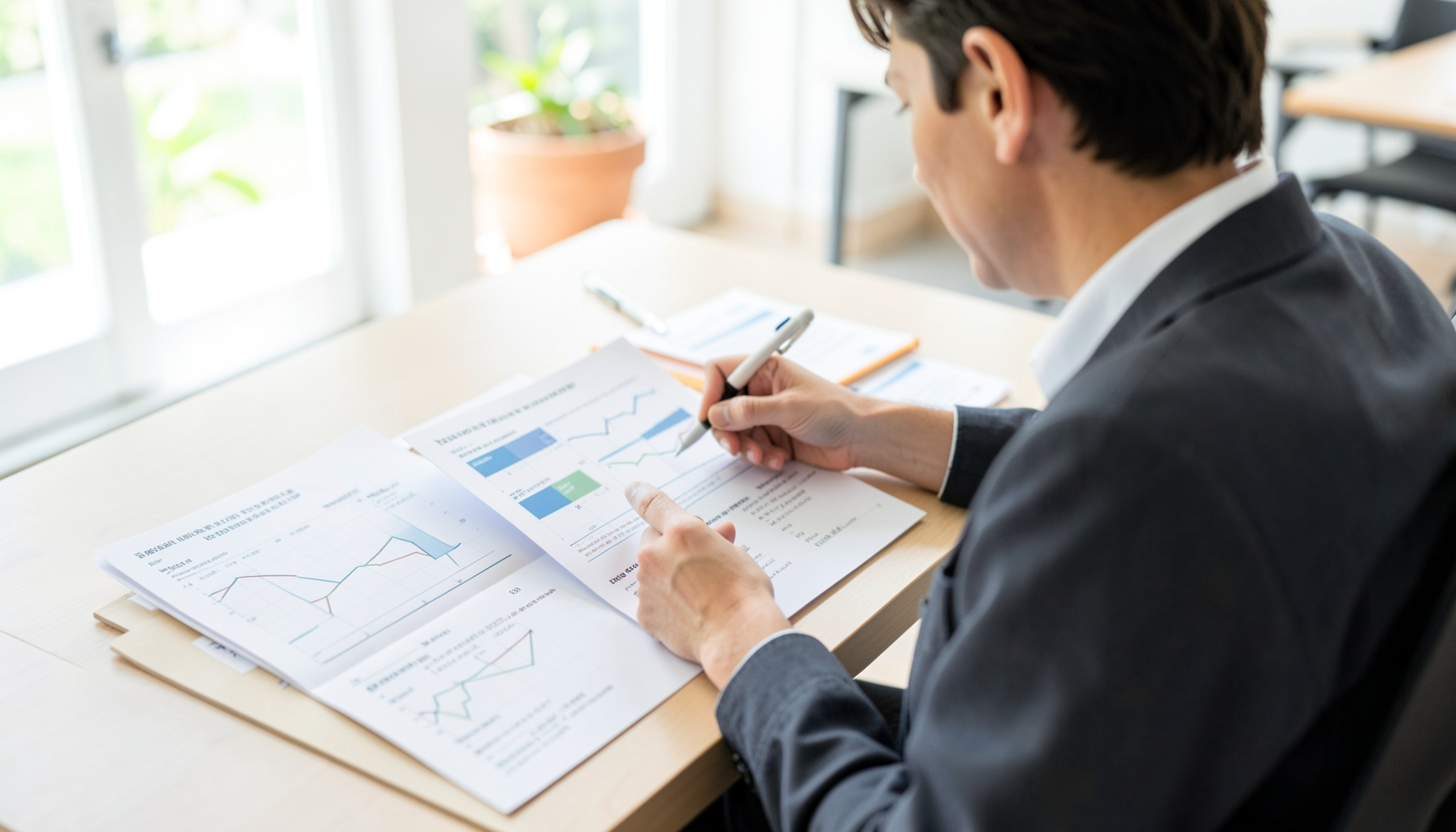 A person reviewing printed marketing materials at a bright desk, with charts and notes spread out in a professional setting.