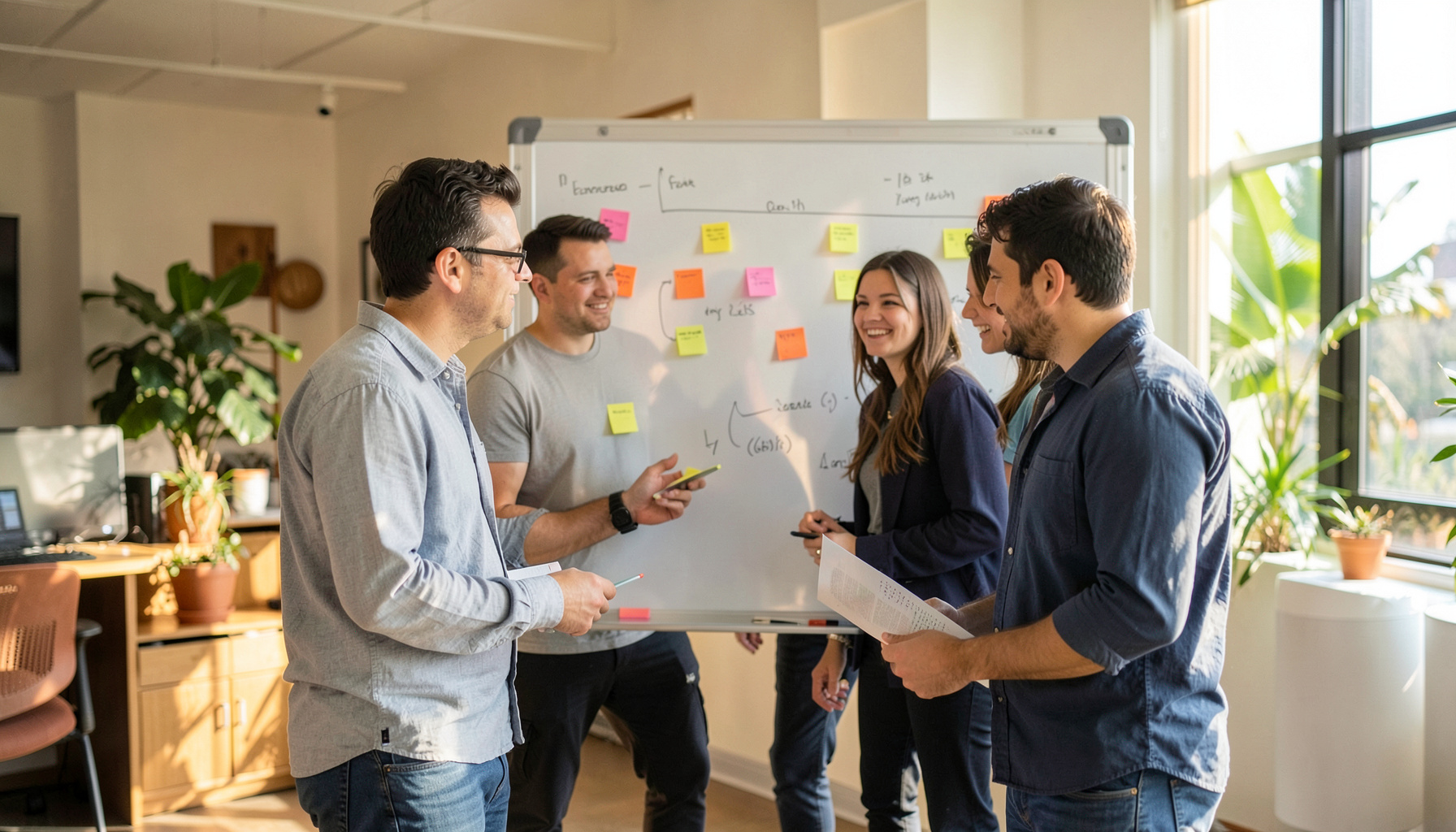 A small team gathered around a whiteboard with sticky notes, brainstorming in a sunlit modern office with warm accents.