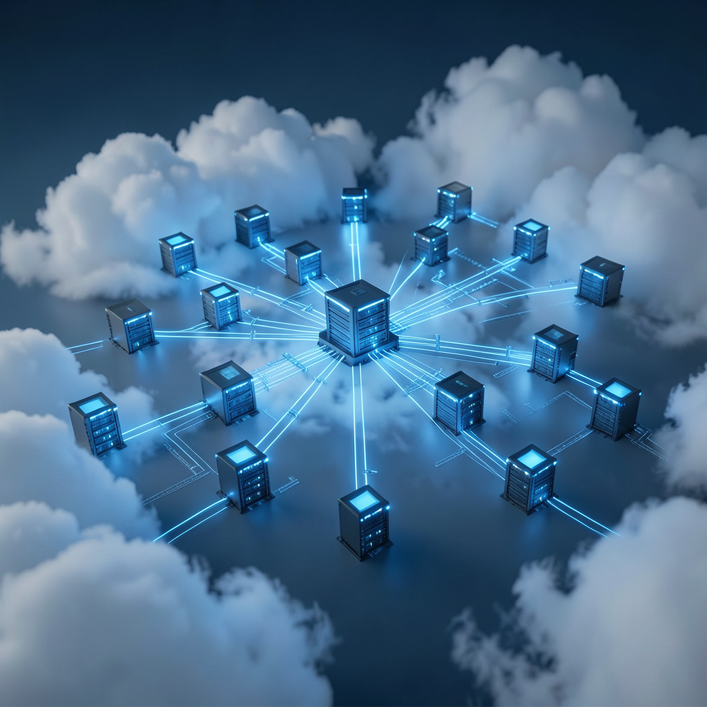 Abstract visualization of cloud infrastructure with interconnected server nodes glowing in blue